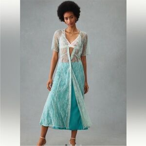 Anthropologie blue sheer lace button down dress, size small